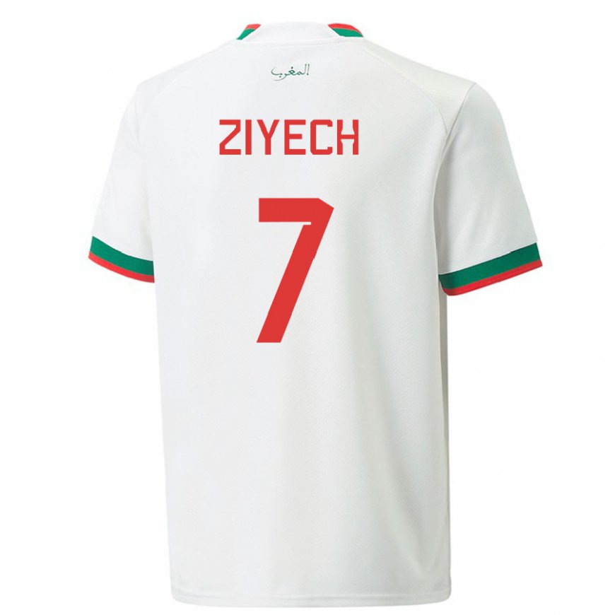 Kandiny Hombre Camiseta Marruecos Hakim Ziyech #7 Blanco 2ª Equipación 22-24 La Camisa