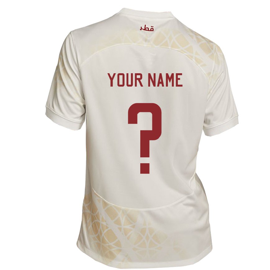 Kandiny Uomo Maglia Qatar Il Tuo Nome #0 Beige Oro Kit Gara Away 22-24 Maglietta