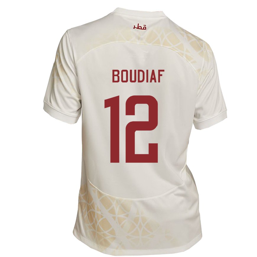 Kandiny Donna Maglia Qatar Karim Boudiaf #12 Beige Oro Kit Gara Away 22-24 Maglietta