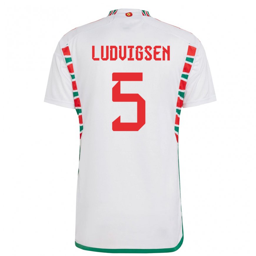 Kandiny Bambino Maglia Galles Kai Ludvigsen #5 Bianco Kit Gara Away 22-24 Maglietta