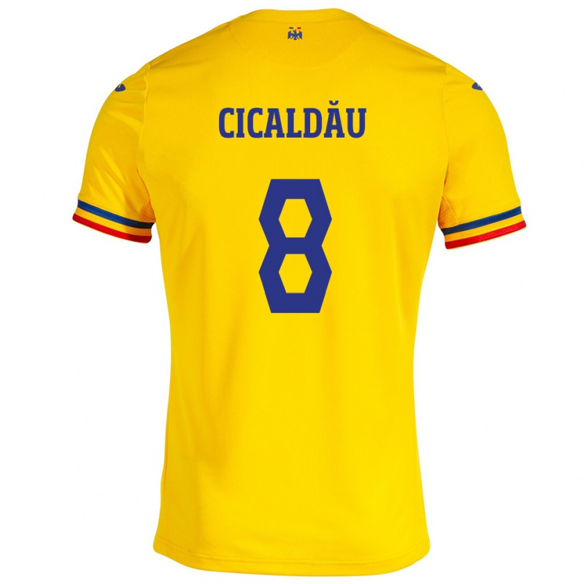 Kandiny Bambino Maglia Romania Alexandru Cicâldău #8 Giallo Kit Gara Home 24-26 Maglietta