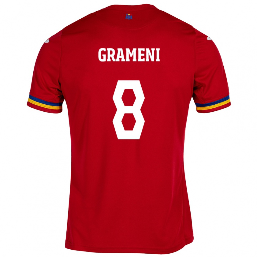 Kandiny Bambino Maglia Romania Constantin Grameni #8 Rosso Kit Gara Away 24-26 Maglietta