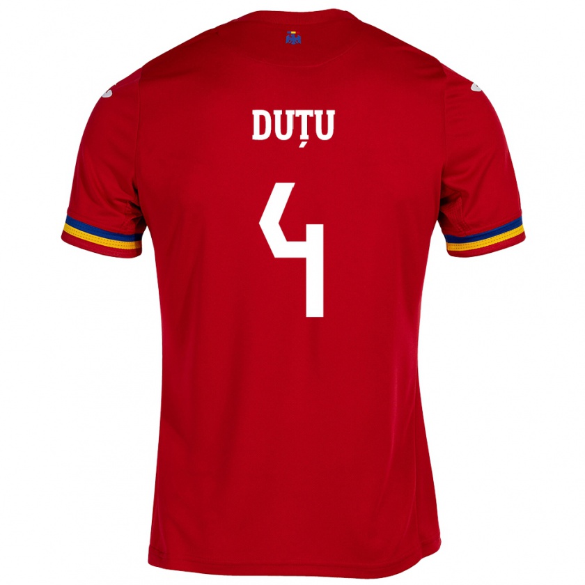 Kandiny Bambino Maglia Romania Ștefan Duțu #4 Rosso Kit Gara Away 24-26 Maglietta