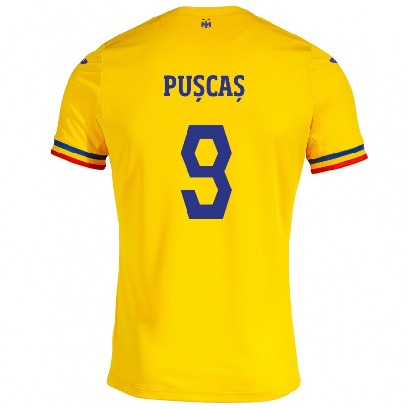 Kandiny Heren Roemenië George Pușcaș #9 Geel Thuisshirt Thuistenue 24-26 T-Shirt