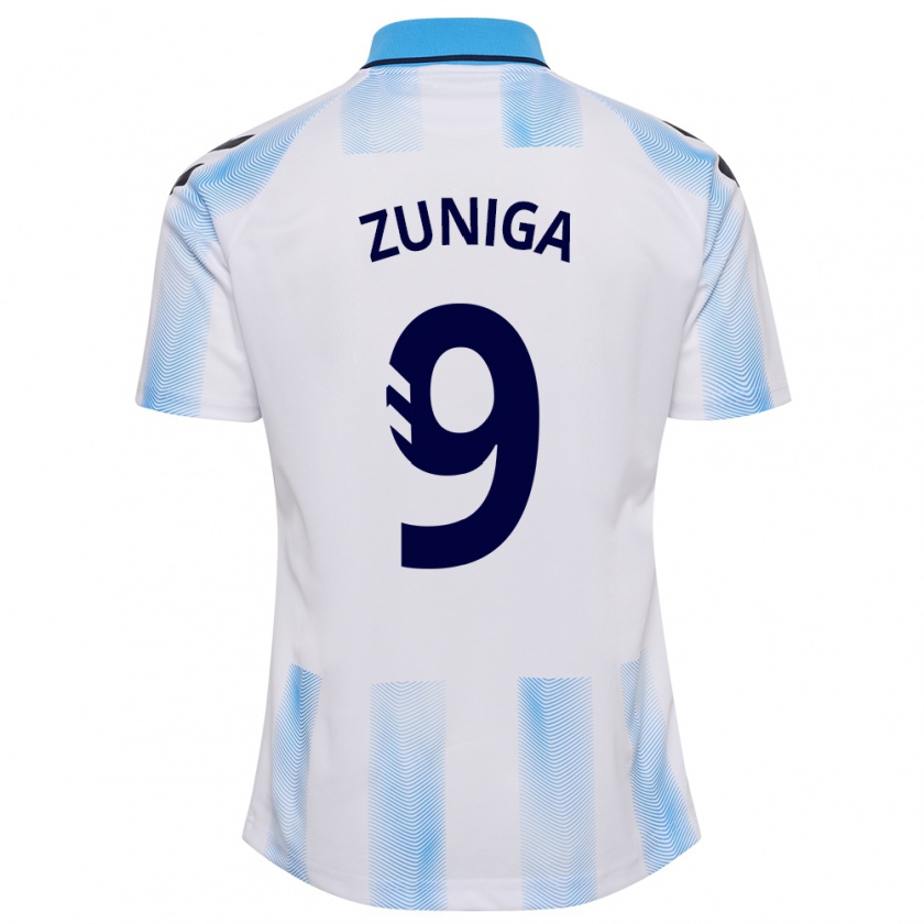 Kandiny Bambino Maglia Loren Zúñiga #9 Bianco Blu Kit Gara Home 2023/24 Maglietta