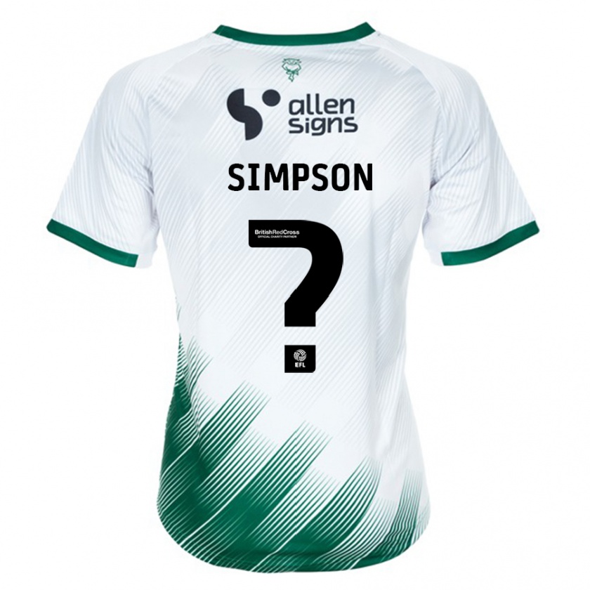 Kandiny Bambino Maglia John Simpson #0 Bianco Kit Gara Away 2023/24 Maglietta