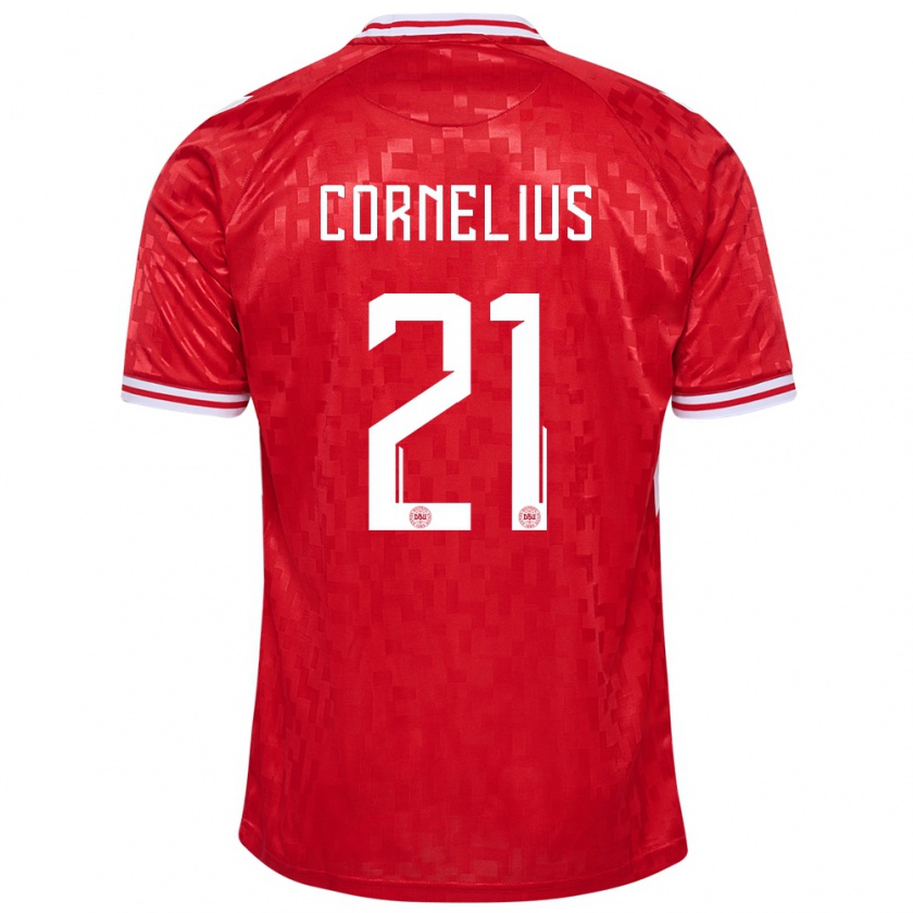 Kandiny Bambino Maglia Danimarca Andreas Cornelius #21 Rosso Kit Gara Home 24-26 Maglietta