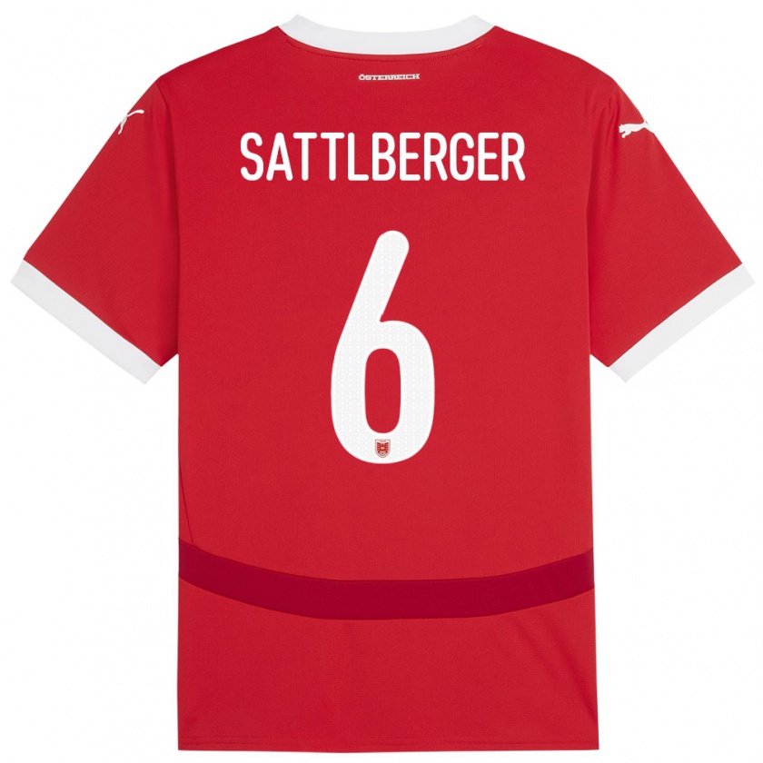 Kandiny Bambino Maglia Austria Nikolas Sattlberger #6 Rosso Kit Gara Home 24-26 Maglietta