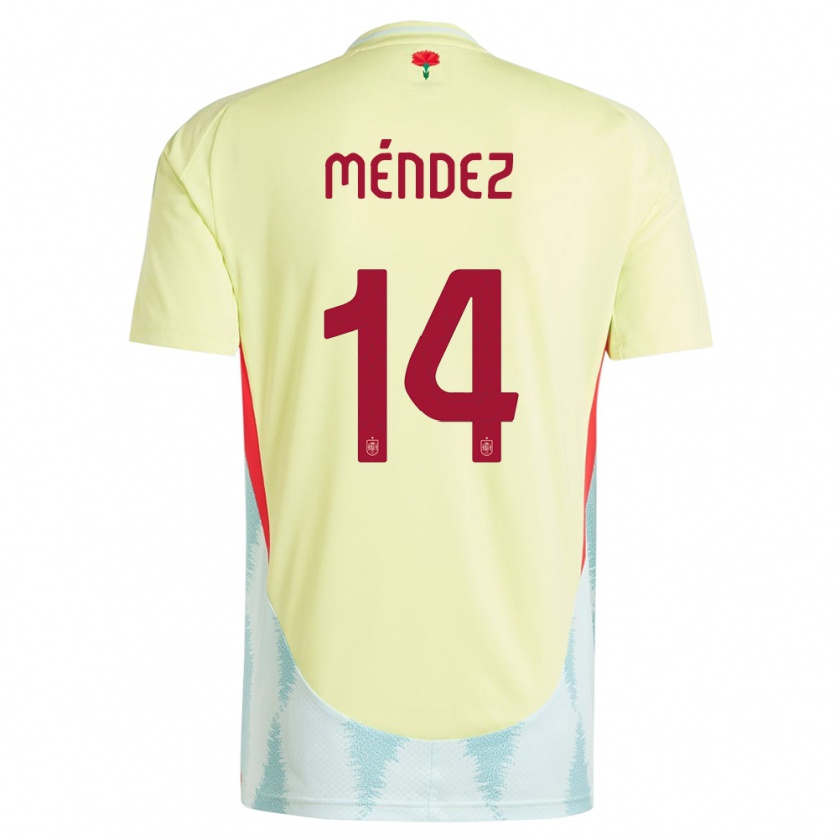 Kandiny Bambino Maglia Spagna Maria Mendez #14 Giallo Kit Gara Away 24-26 Maglietta