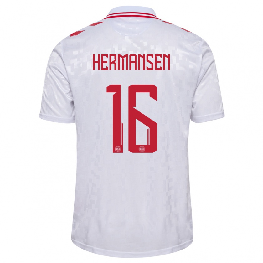 Kandiny Kinder Dänemark Mads Hermansen #16 Weiß Auswärtstrikot Trikot 24-26 T-Shirt Österreich