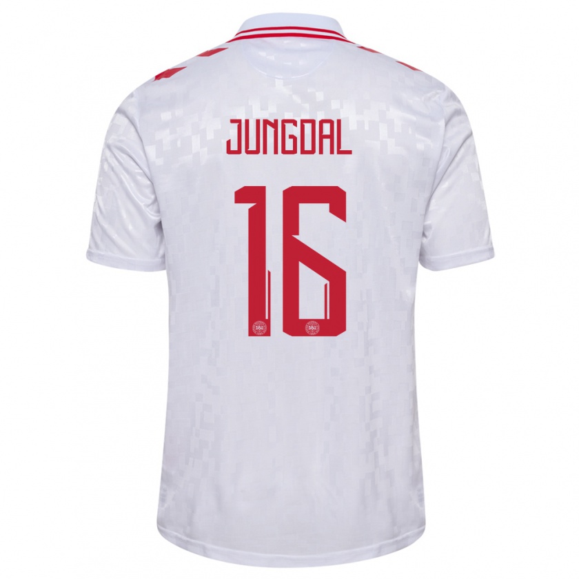 Kandiny Bambino Maglia Danimarca Andreas Jungdal #16 Bianco Kit Gara Away 24-26 Maglietta