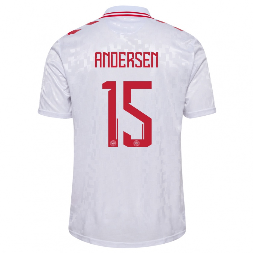 Kandiny Bambino Maglia Danimarca Jacob Andersen #15 Bianco Kit Gara Away 24-26 Maglietta