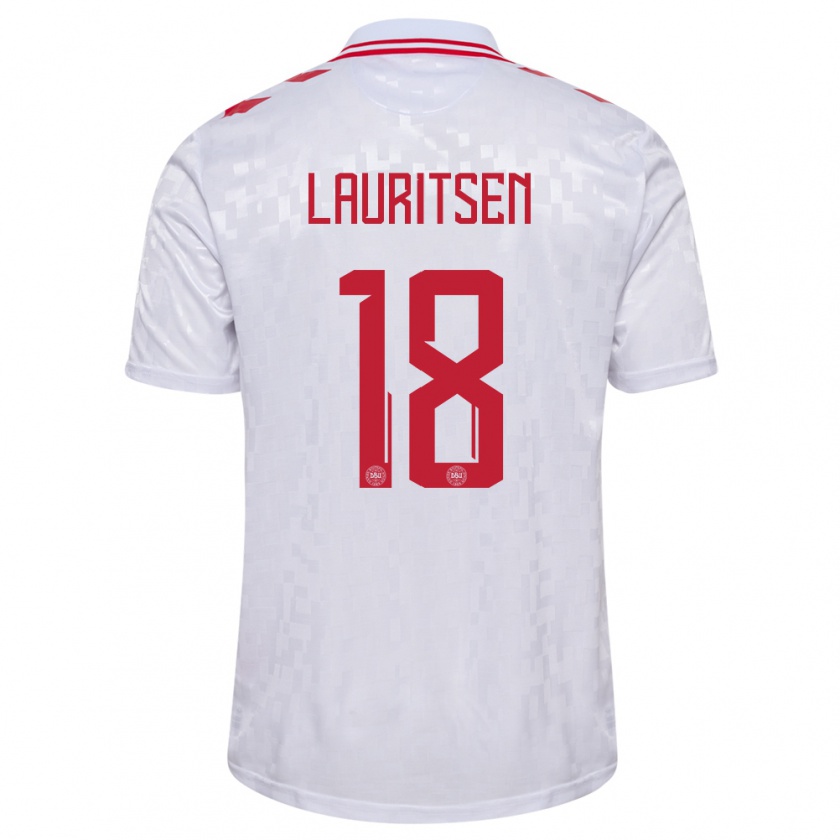 Kandiny Bambino Maglia Danimarca Tobias Lauritsen #18 Bianco Kit Gara Away 24-26 Maglietta