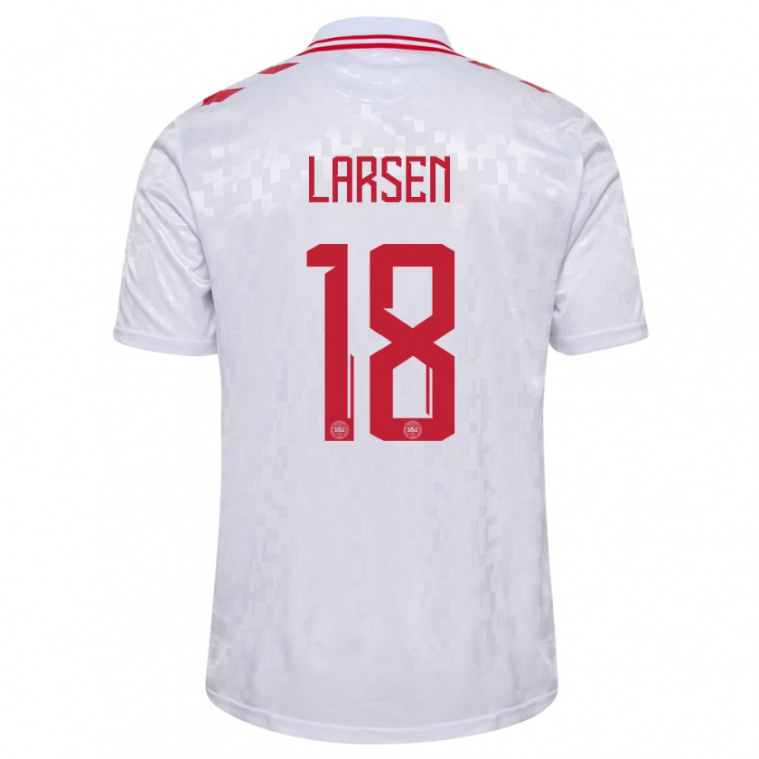 Kandiny Bambino Maglia Danimarca Lukas Larsen #18 Bianco Kit Gara Away 24-26 Maglietta