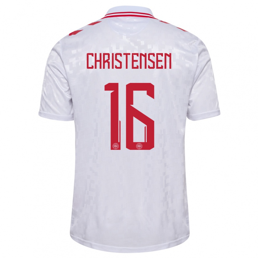 Kandiny Bambino Maglia Danimarca Oliver Christensen #16 Bianco Kit Gara Away 24-26 Maglietta