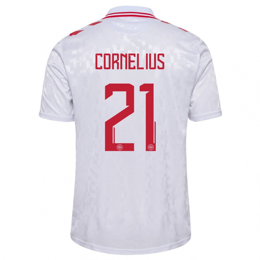 Kandiny Bambino Maglia Danimarca Andreas Cornelius #21 Bianco Kit Gara Away 24-26 Maglietta