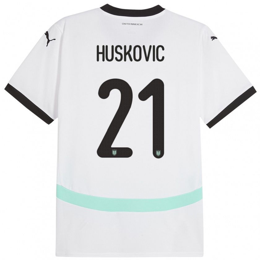 Kandiny Bambino Maglia Austria Muharem Huskovic #21 Bianco Kit Gara Away 24-26 Maglietta