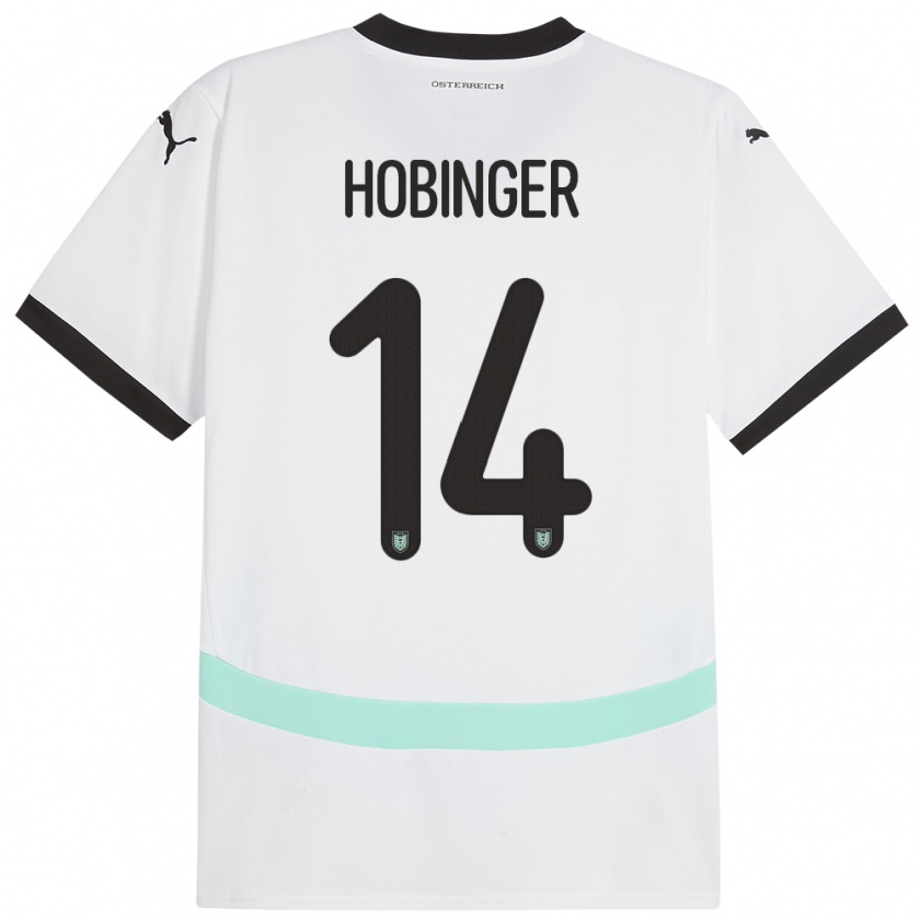 Kandiny Bambino Maglia Austria Marie Höbinger #14 Bianco Kit Gara Away 24-26 Maglietta