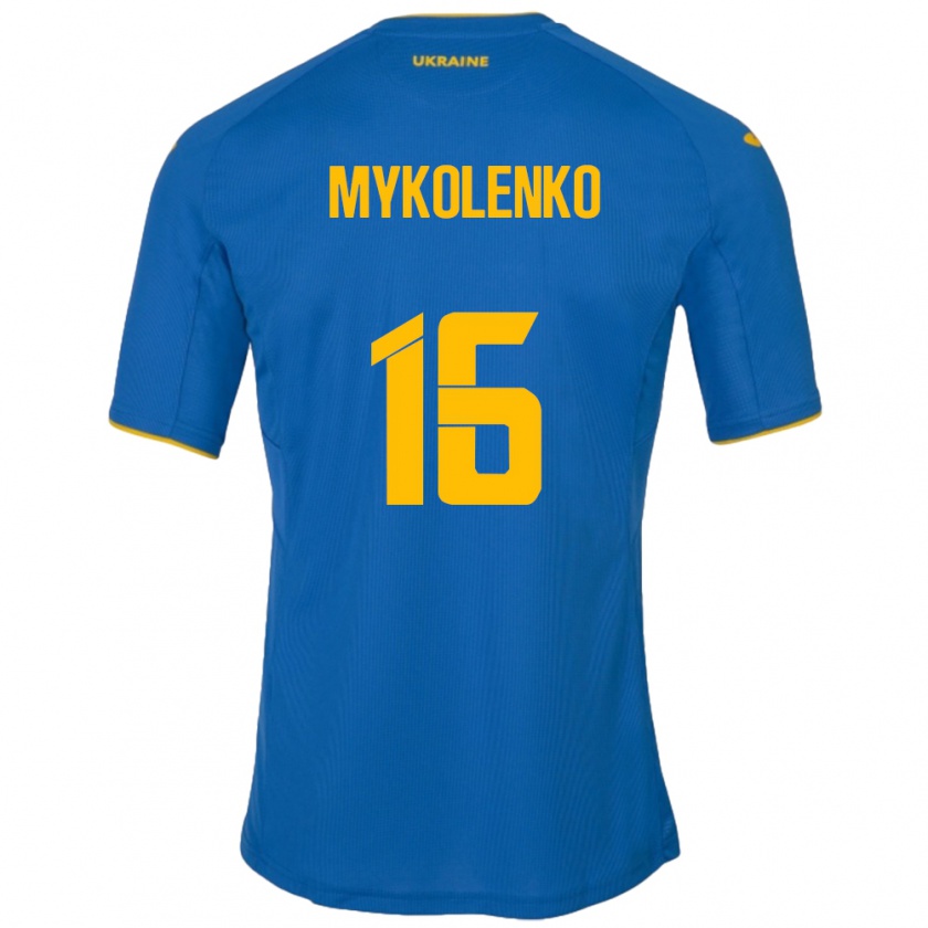 Kandiny Bambino Maglia Ucraina Vitaliy Mykolenko #16 Blu Kit Gara Away 24-26 Maglietta