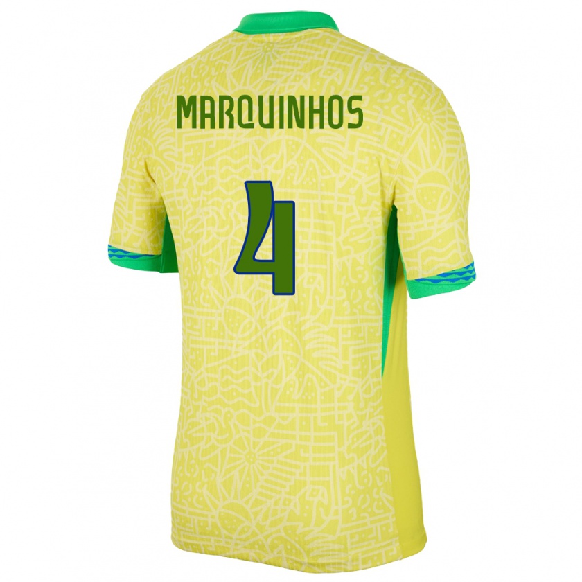 Kandiny Heren Brazilië Marquinhos #4 Geel Thuisshirt Thuistenue 24-26 T-Shirt België