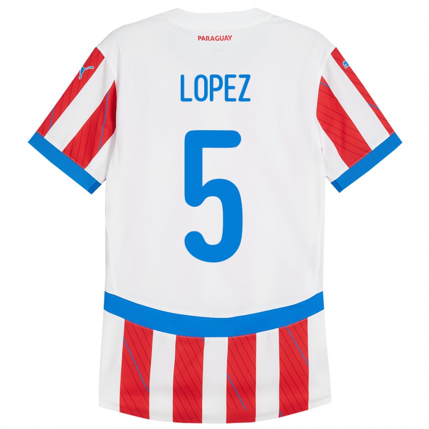 Kandiny Uomo Maglia Paraguay Óscar López #5 Bianco Rosso Kit Gara Home 24-26 Maglietta