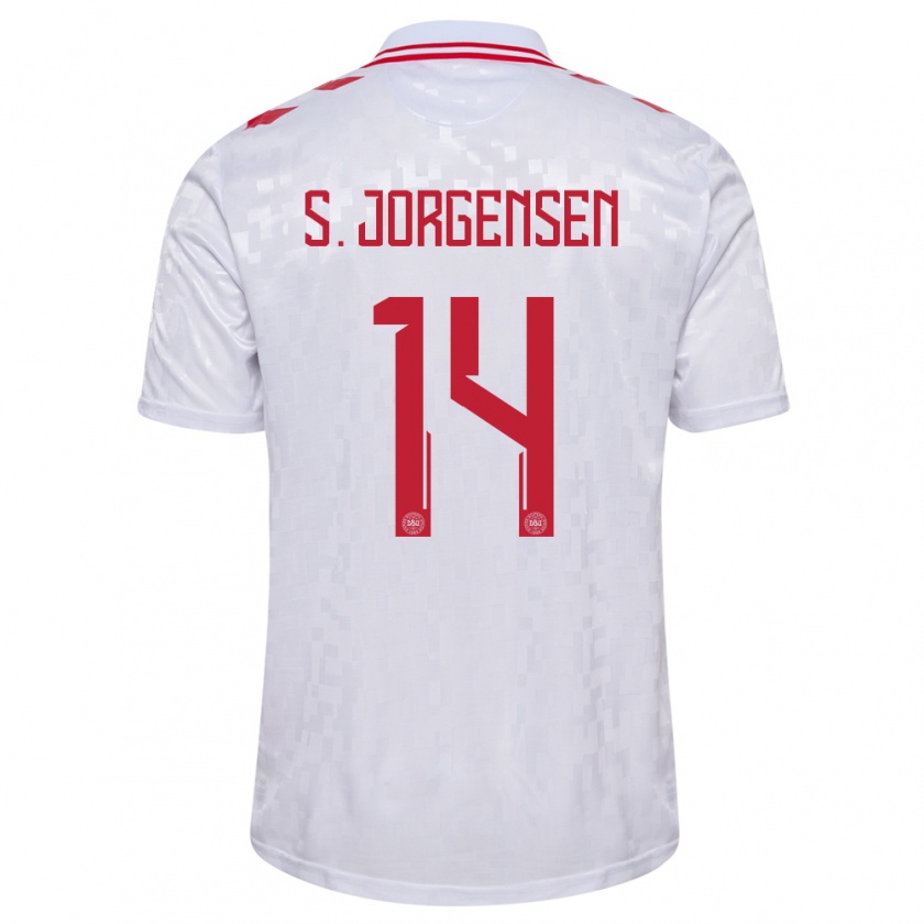 Kandiny Heren Denemarken Sebastian Jorgensen #14 Wit Uitshirt Uittenue 24-26 T-Shirt