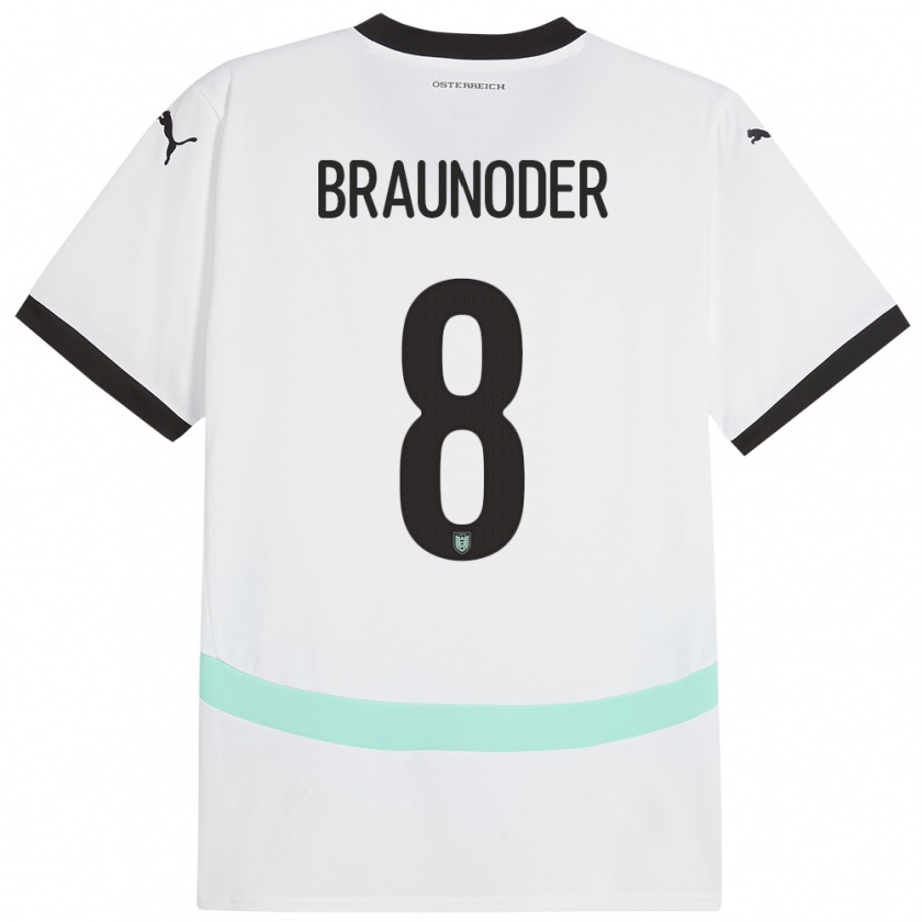 Kandiny Uomo Maglia Austria Matthias Braunöder #8 Bianco Kit Gara Away 24-26 Maglietta