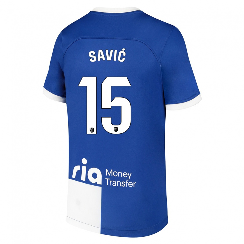 Kandiny Bambino Maglia Stefan Savic #15 Blu Bianco Kit Gara Away 2023/24 Maglietta