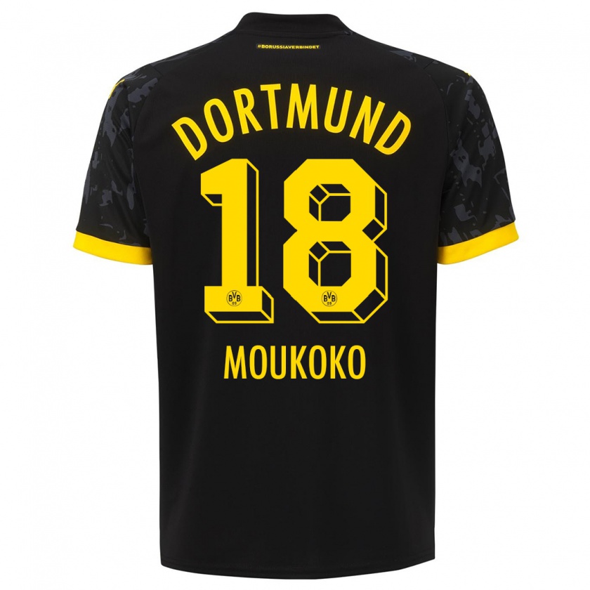 Kandiny Bambino Maglia Youssoufa Moukoko #18 Nero Kit Gara Away 2023/24 Maglietta