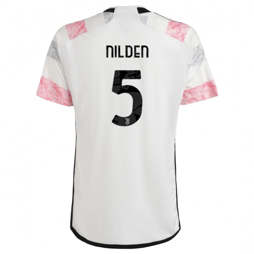 Kandiny Bambino Maglia Amanda Nilden #5 Bianco Rosa Kit Gara Away 2023/24 Maglietta