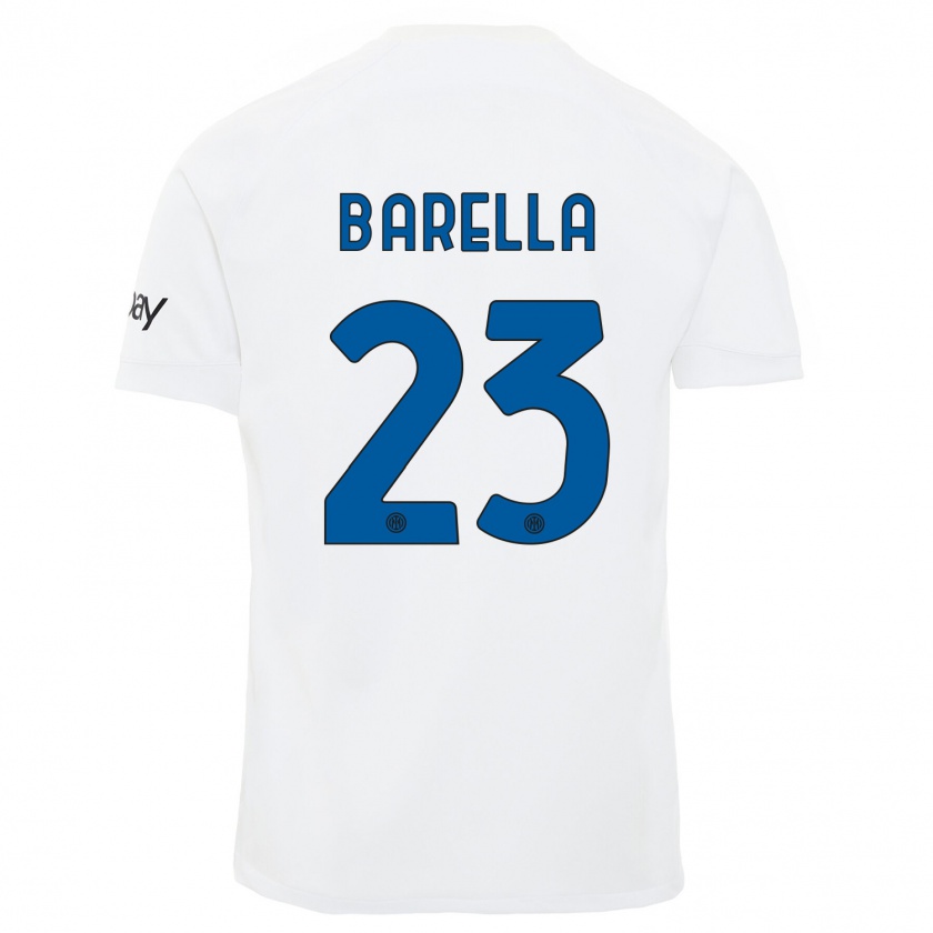 Kandiny Bambino Maglia Nicolò Barella #23 Bianco Kit Gara Away 2023/24 Maglietta