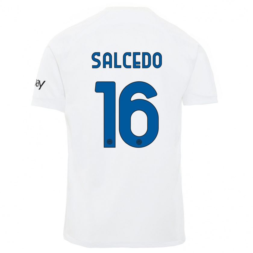 Kandiny Bambino Maglia Eddie Salcedo #16 Bianco Kit Gara Away 2023/24 Maglietta