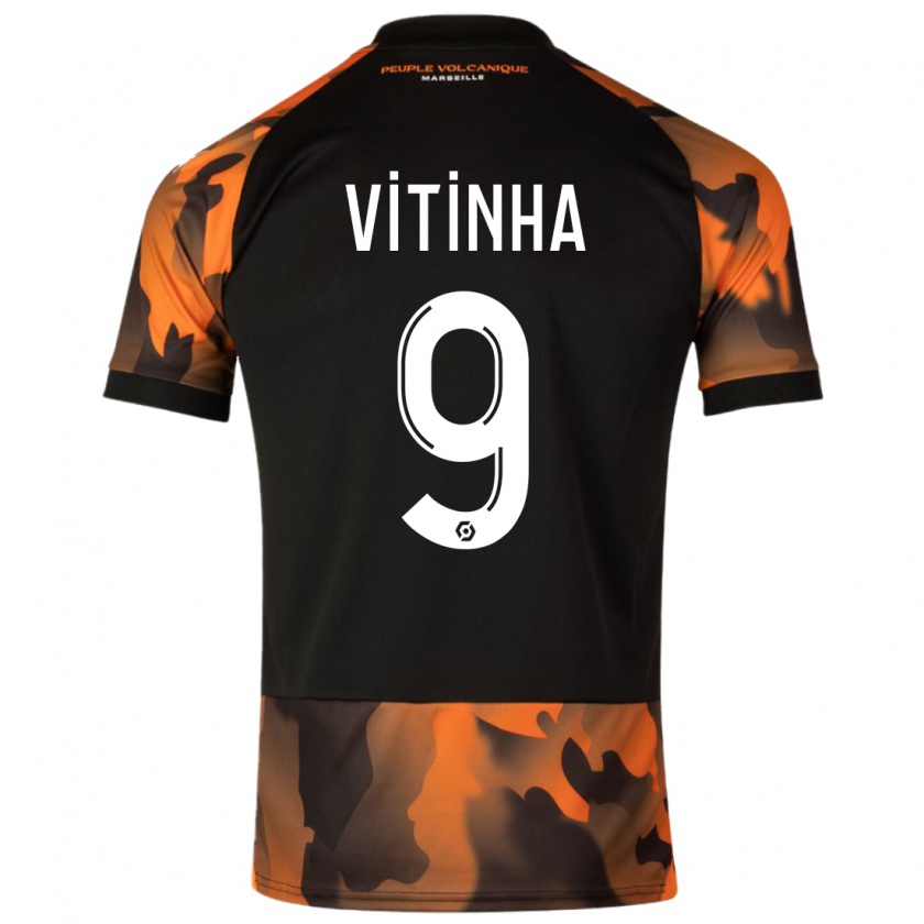 Kandiny Bambino Maglia Vitinha #9 Nero Arancione Kit Gara Third 2023/24 Maglietta