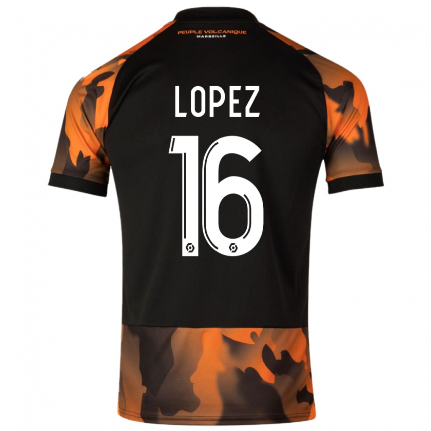 Kandiny Bambino Maglia Pau López #16 Nero Arancione Kit Gara Third 2023/24 Maglietta