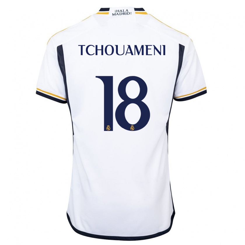 Kandiny Uomo Maglia Aurélien Tchouaméni #18 Bianco Kit Gara Home 2023/24 Maglietta