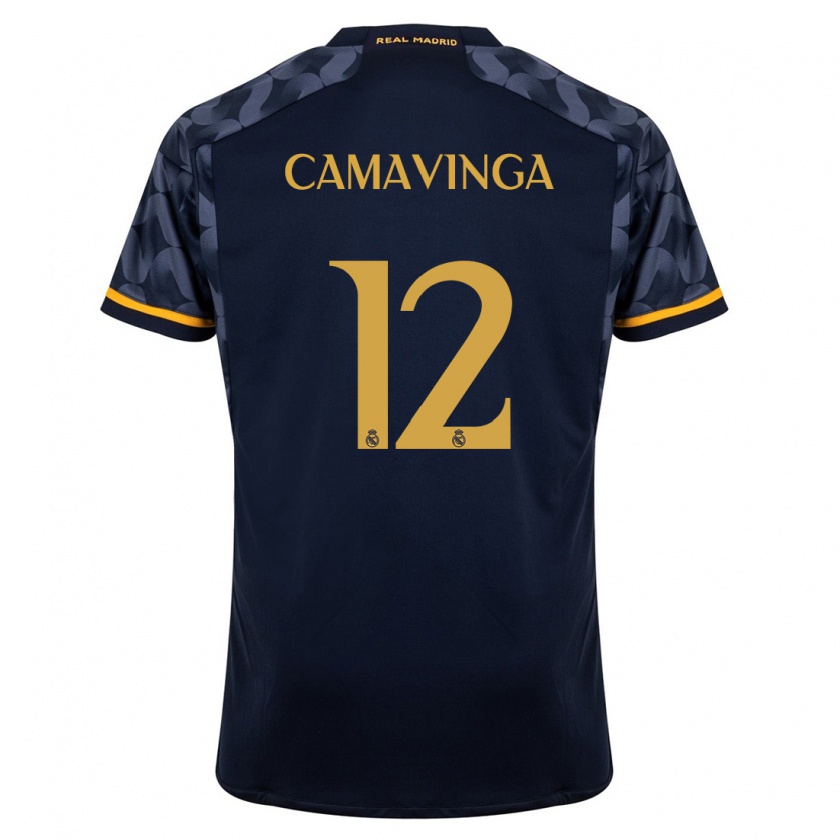 Kandiny Heren Eduardo Camavinga #12 Donkerblauw Uitshirt Uittenue 2023/24 T-Shirt België