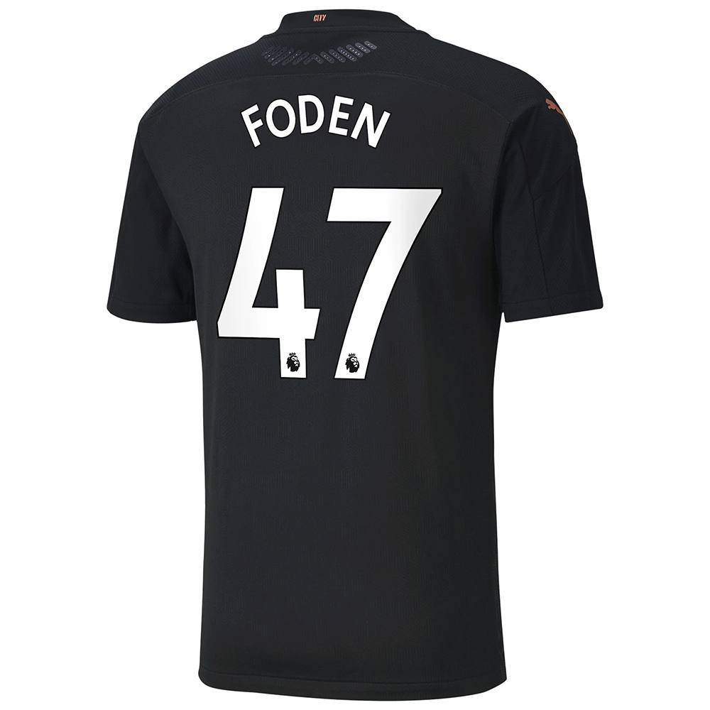 Uomo Calcio Phil Foden #47 Kit Gara Away Nero Maglia 2020/21 Camicia