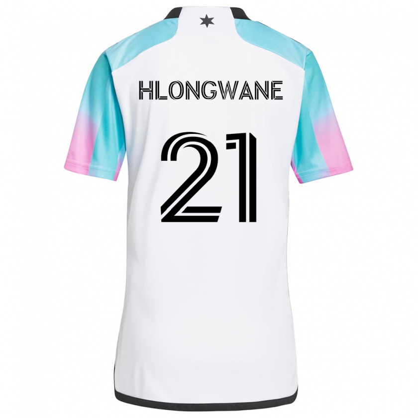 Kandiny Bambino Maglia Bongokuhle Hlongwane #21 Bianco Blu Nero Kit Gara Away 2024/25 Maglietta