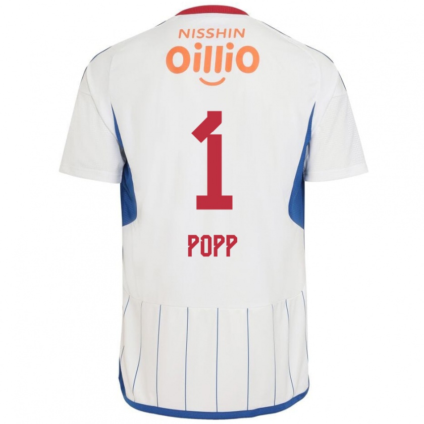 Kandiny Bambino Maglia William Popp #1 Bianco Blu Rosso Kit Gara Away 2024/25 Maglietta