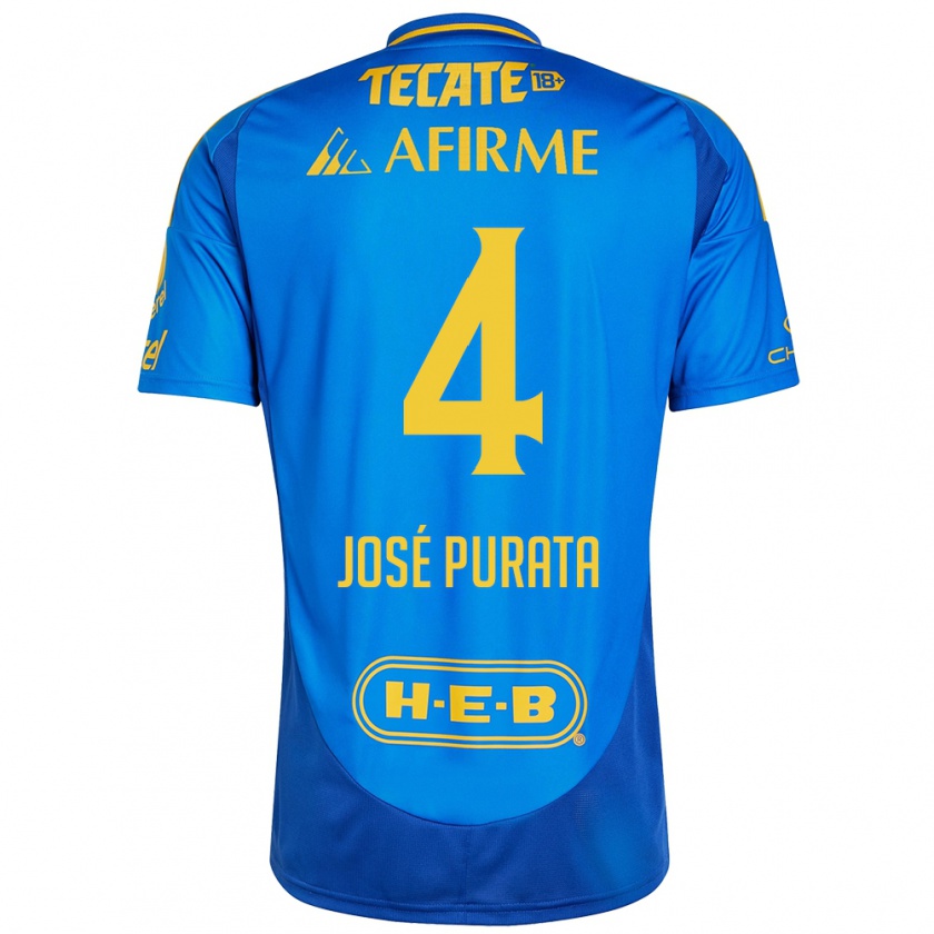 Kandiny Kinderen Juan José Purata #4 Blauw Geel Uitshirt Uittenue 2024/25 T-Shirt België