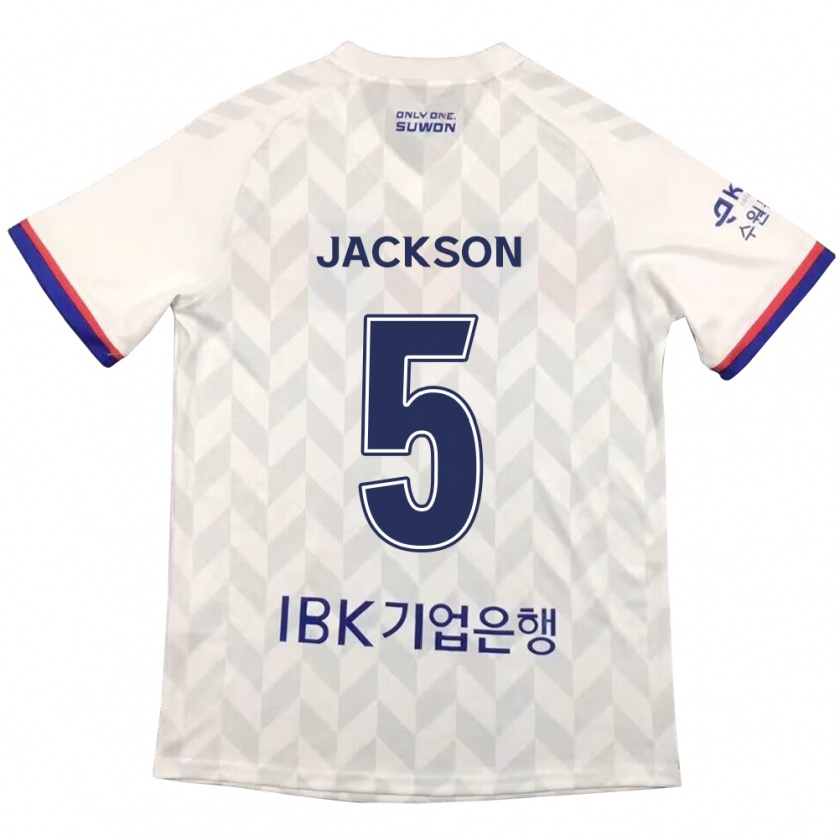 Kandiny Bambino Maglia Lachlan Jackson #5 Bianco Blu Kit Gara Away 2024/25 Maglietta