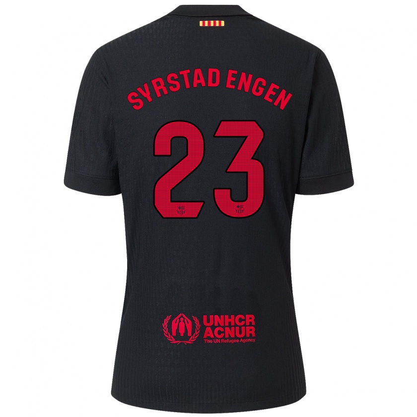 Kandiny Bambino Maglia Ingrid Syrstad Engen #23 Nero Rosso Kit Gara Away 2024/25 Maglietta