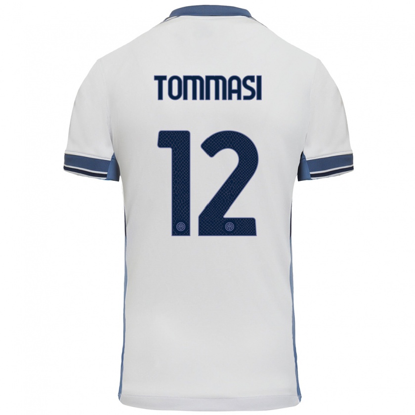 Kandiny Bambino Maglia Francesco Tommasi #12 Bianco Grigio Kit Gara Away 2024/25 Maglietta