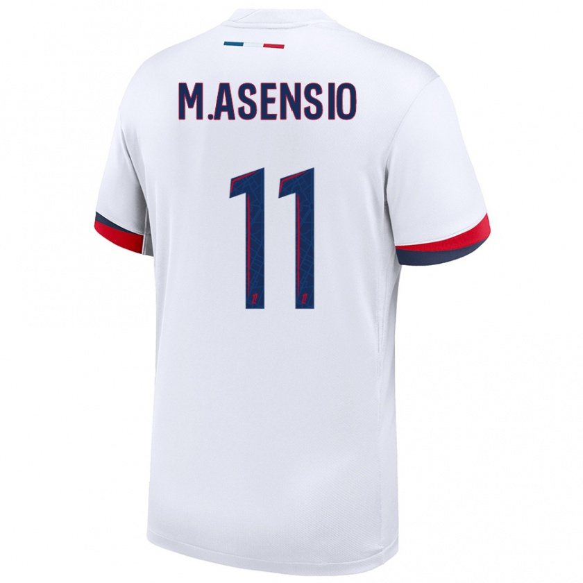 Kandiny Bambino Maglia Marco Asensio #11 Bianco Blu Rosso Kit Gara Away 2024/25 Maglietta