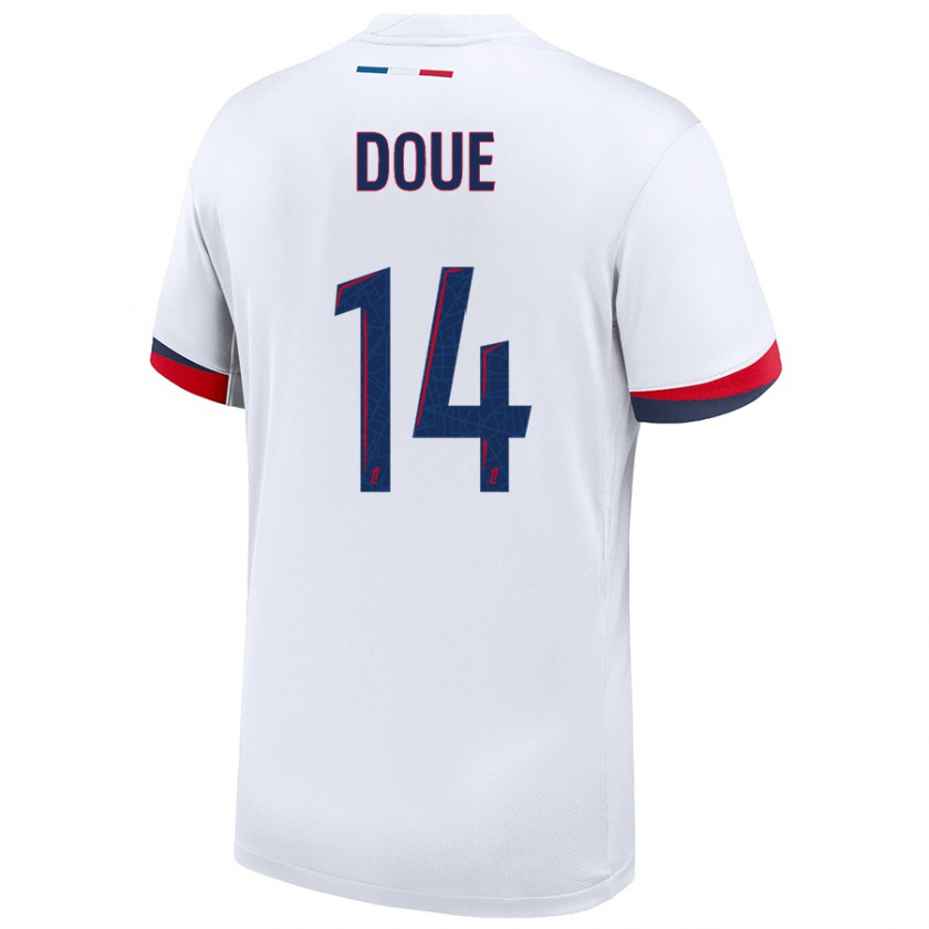 Kandiny Bambino Maglia Désiré Doué #14 Bianco Blu Rosso Kit Gara Away 2024/25 Maglietta