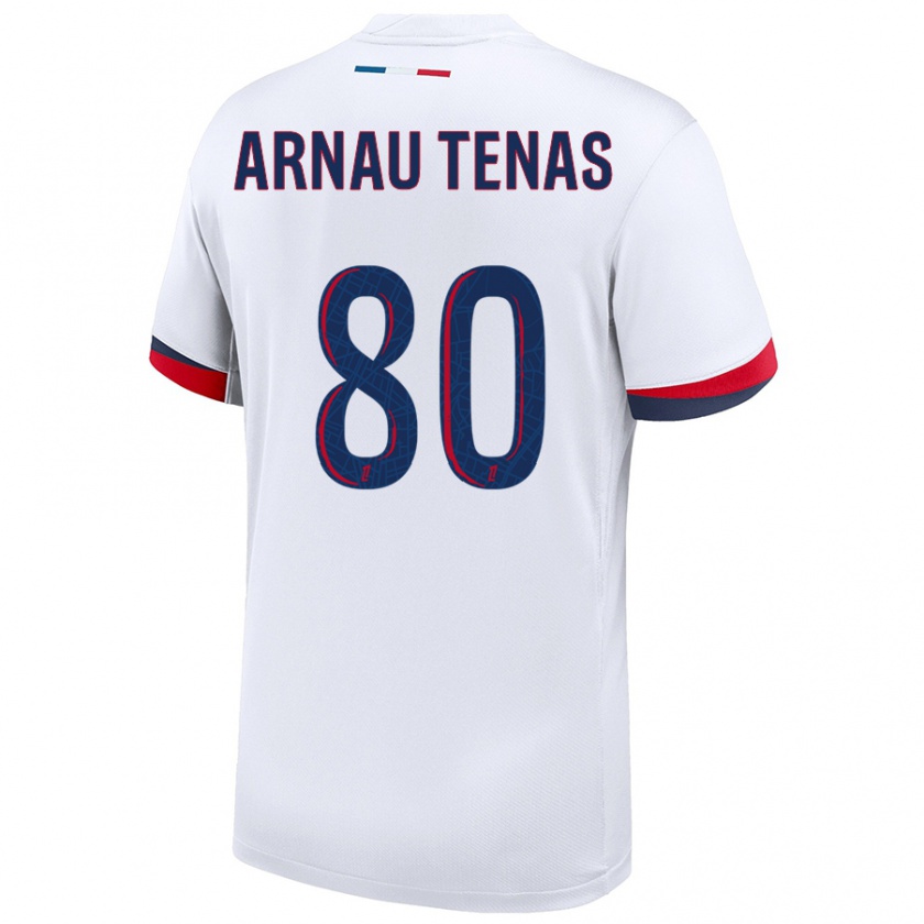 Kandiny Bambino Maglia Arnau Tenas #80 Bianco Blu Rosso Kit Gara Away 2024/25 Maglietta