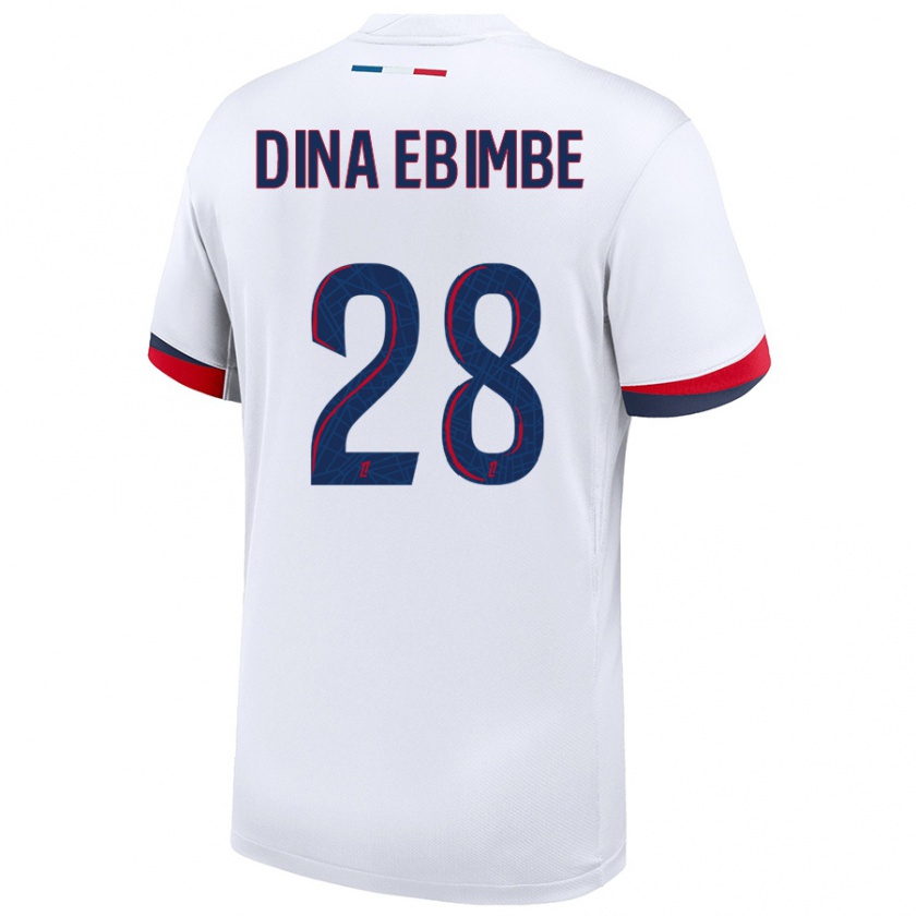 Kandiny Bambino Maglia Eric Junior Dina Ebimbe #28 Bianco Blu Rosso Kit Gara Away 2024/25 Maglietta