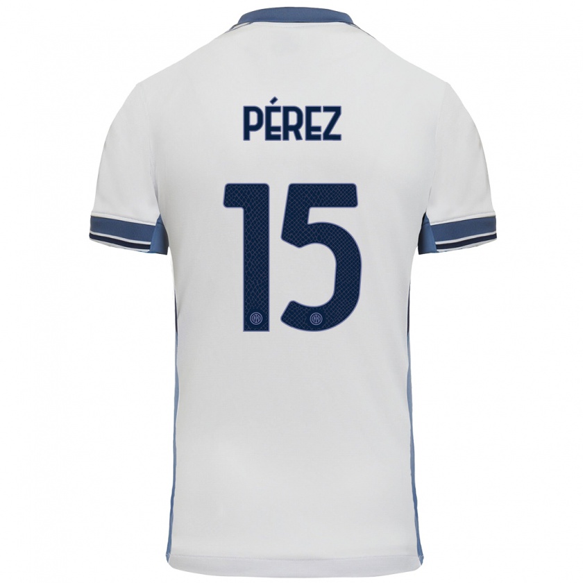 Kandiny Mujer Camiseta Álex Pérez #15 Blanco Gris 2ª Equipación 2024/25 La Camisa