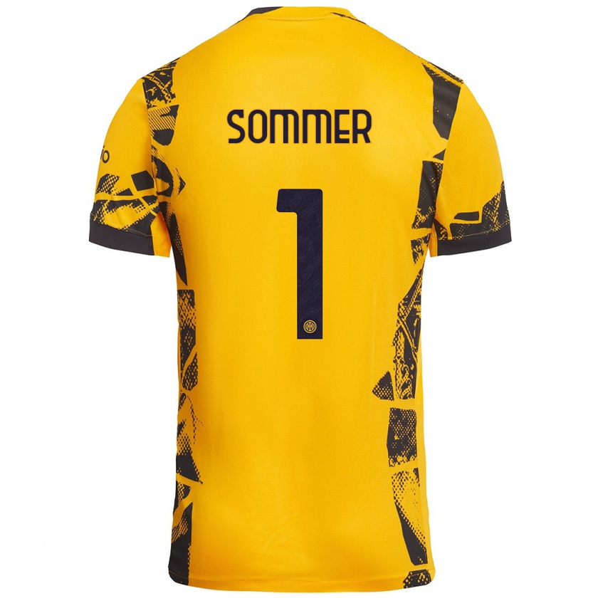 Kandiny Dames Yann Sommer #1 Goud Zwart Thuisshirt Derde Tenue 2024/25 T-Shirt