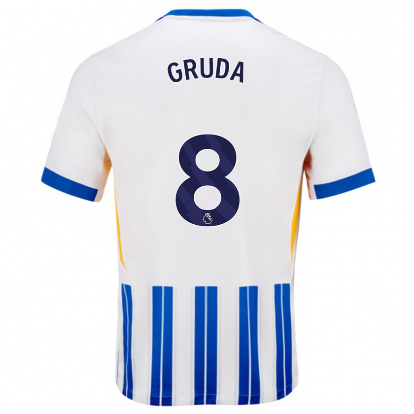 Kandiny Niño Camiseta Brajan Gruda #8 Blanco Azul Rayas 1ª Equipación 2024/25 La Camisa